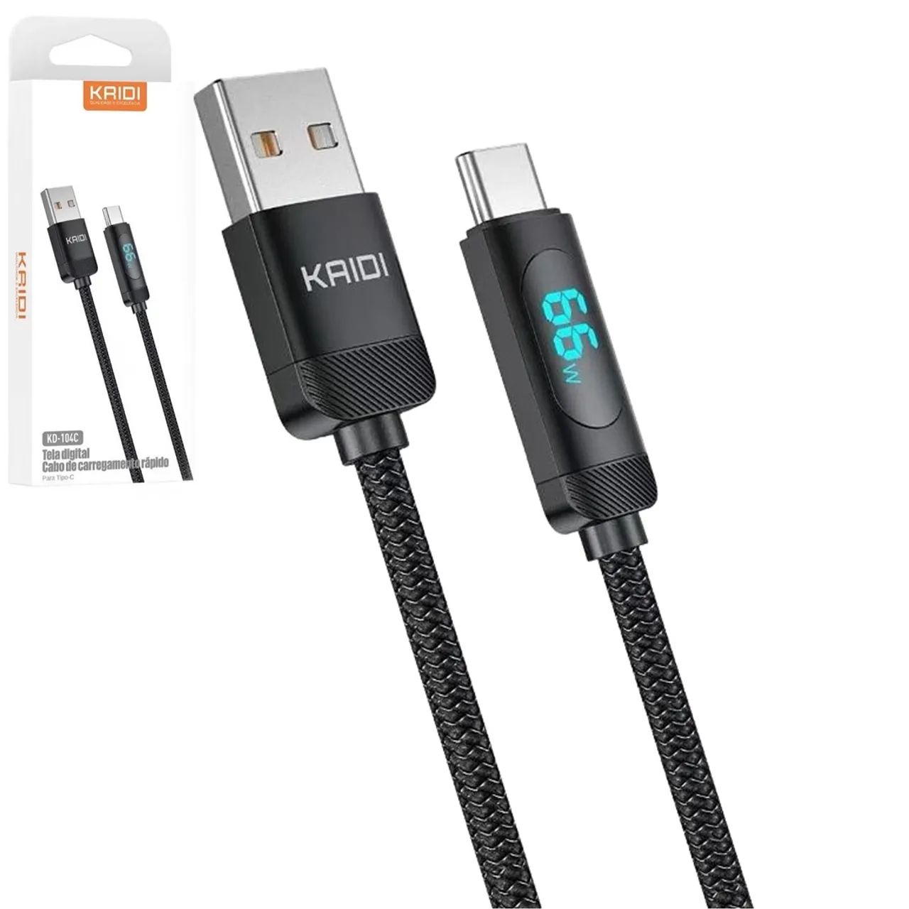 Cabo de Carregamento Tipo C 66W com 1 Metro e Display LED, Trançado - Kaidi