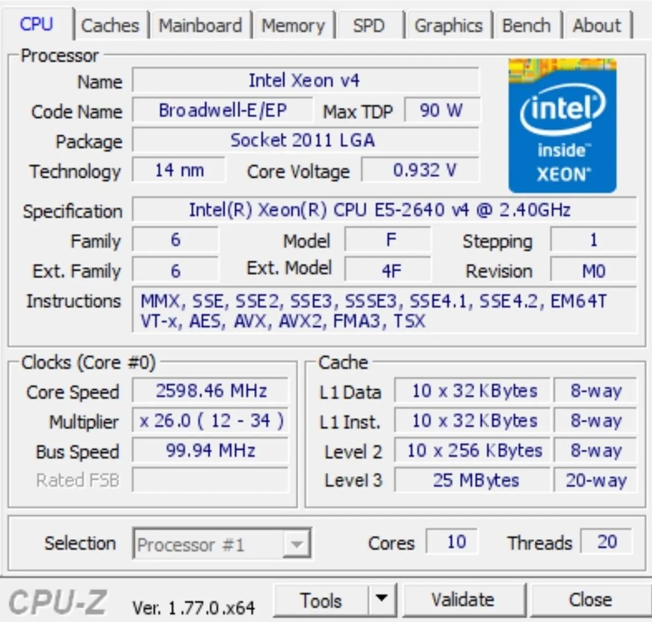 Processador Xeon E5-2640v4 10/20 núcleos64307861233537123