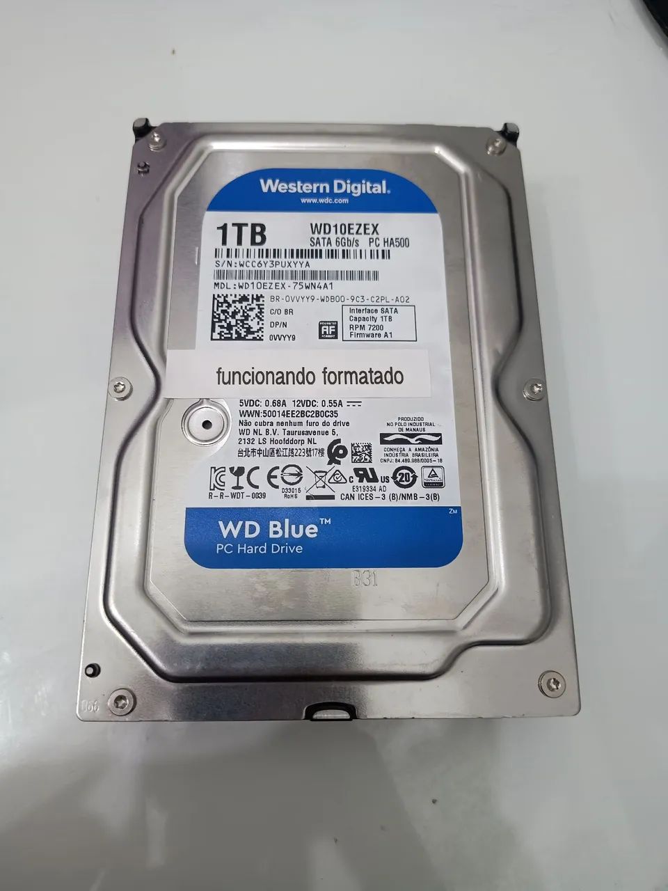 HD WD Blue 1TB SATA Funcionando e Formatado