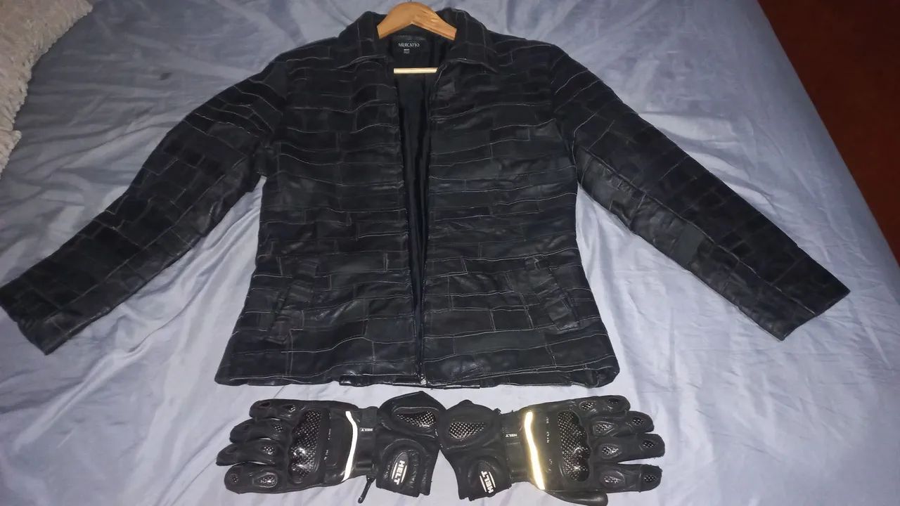 Casaco de couro + par de luvas de couro pouco usada - Foto 2