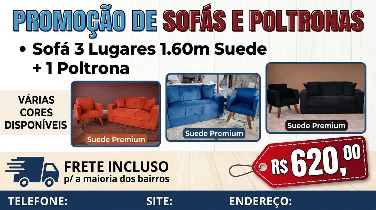 Sofá 3 lugares 1.60m Suede + 1 poltrona ambos várias cores e com frete incluso 