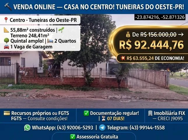 ? VENDA ONLINE ? CASA NO CENTRO! TUNEIRAS DO OESTE-PR!