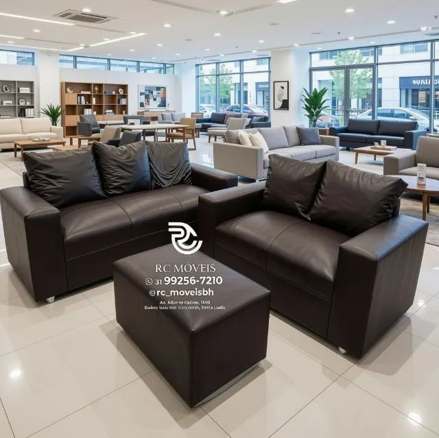 Conjunto Sofá 3 e 2 Lugares Puff Courino Preto D33 Durável