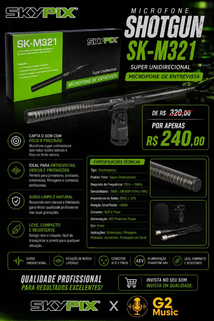 Microfone Shotgun Skypix M-321 