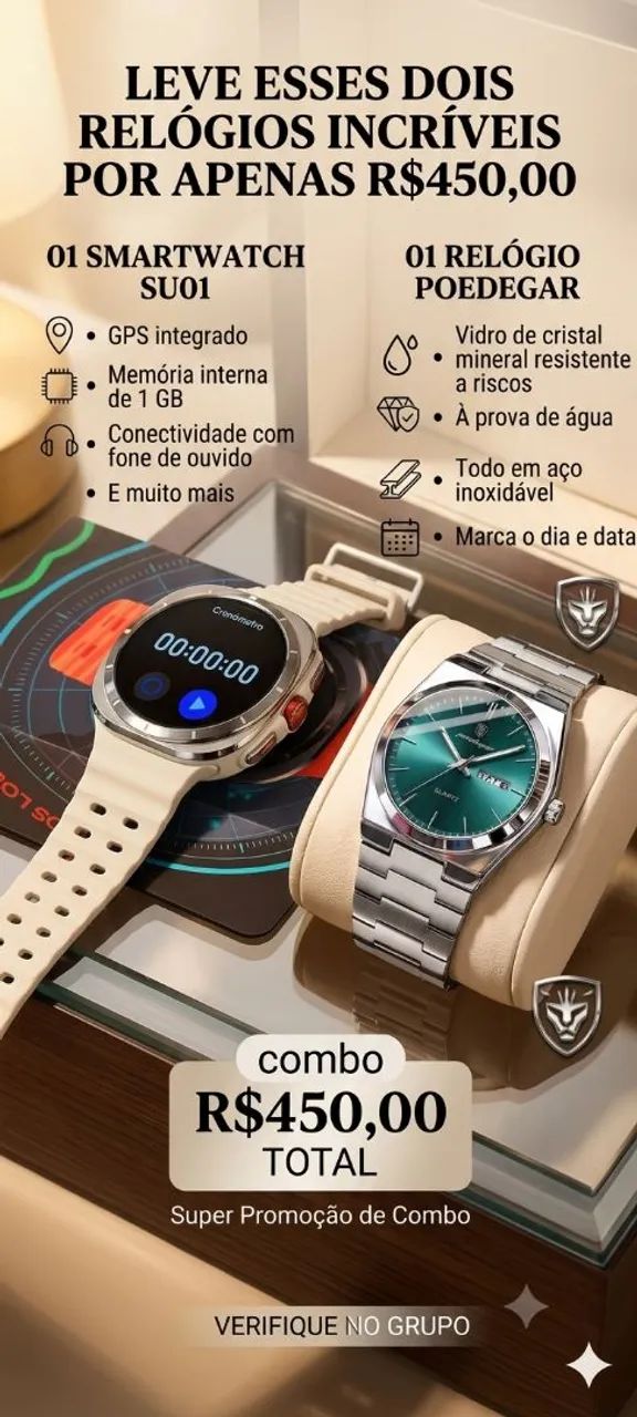 01 smartwatch SU01 da micrower + 01 relógio podegar 