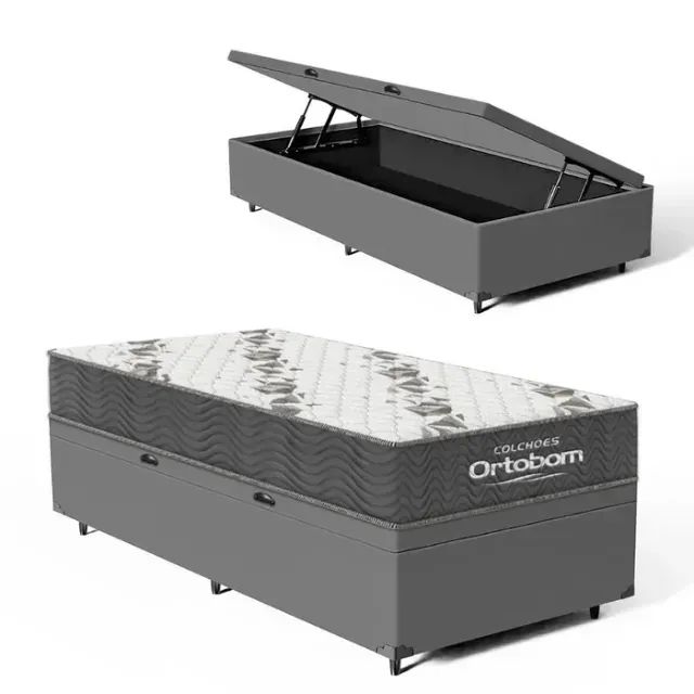 Cama Base Baú Solteiro Suede Cinza + Colchão Solteiro Premium Ortobom