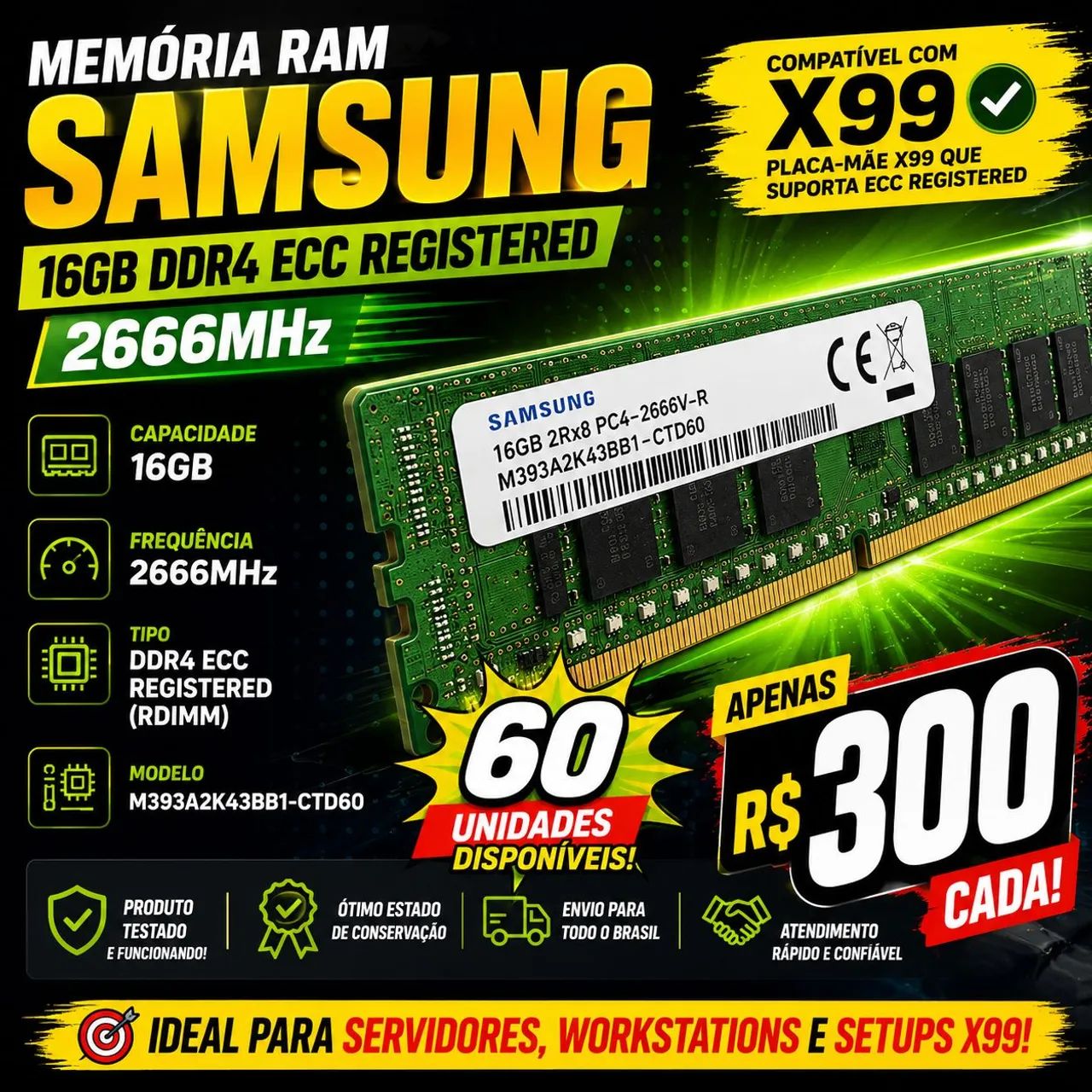 Memória RAM Samsung 16GB DDR4 ECC Registered 2666MHz - Compatível