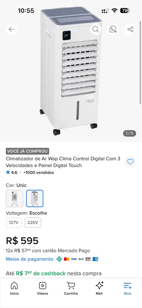 Climatizador de Ar Wap Clima Control Digital Com 3 Velocidades e Painel Digital Touch
