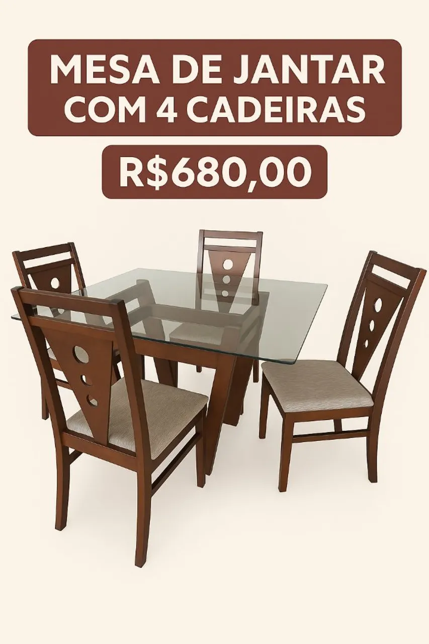 Mesa de Jantar com 4 Cadeiras - Tampo de Vidro Temperado