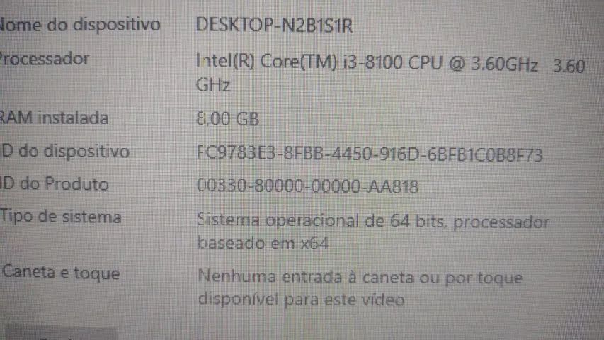 CPU Core i3 8ª Geração 8GB 1TB 