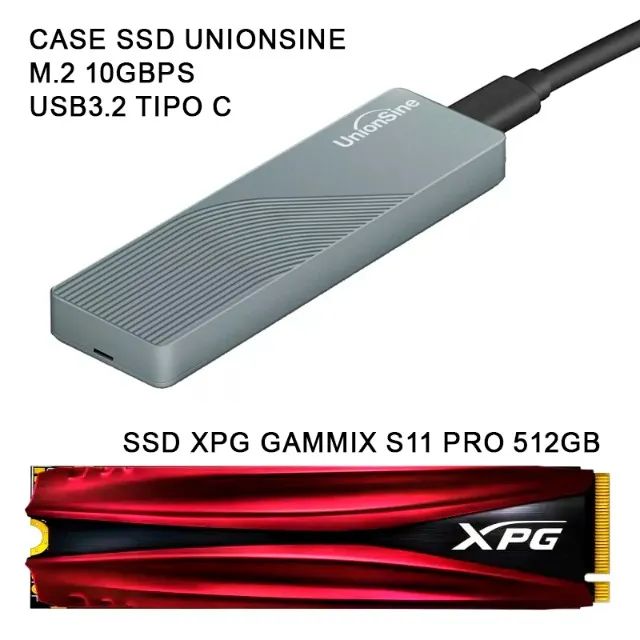 Case SSD UnionSine Dual Protocol M.2 NVMe 10Gbps + SSD XPG Gammix S11 Pro 512GB