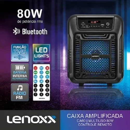 Caixa Amplificada Lenoxx CA60 Bateria, Bluetooth, Entrada Auxiliar, Usb 80W Bivolt