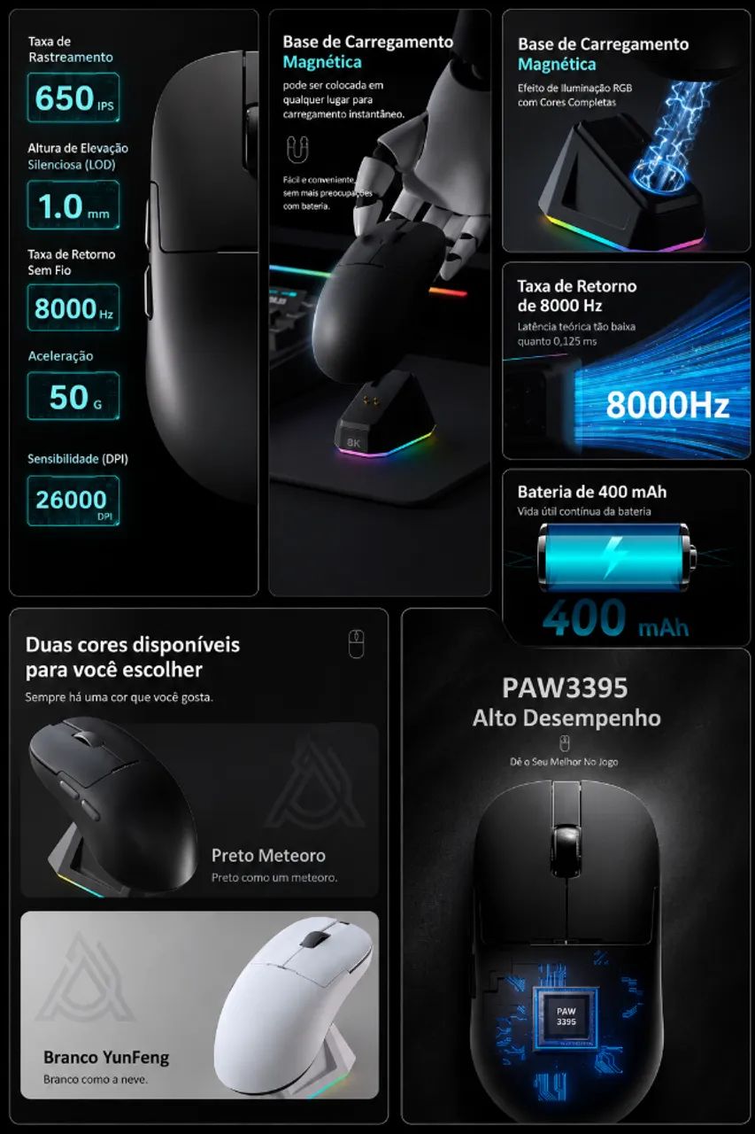 Mouse Gamer AJAZZ AJ159P Wireless Ultra-Leve 8K Hz com Dock de Carregamento paw 3395 - Foto 4