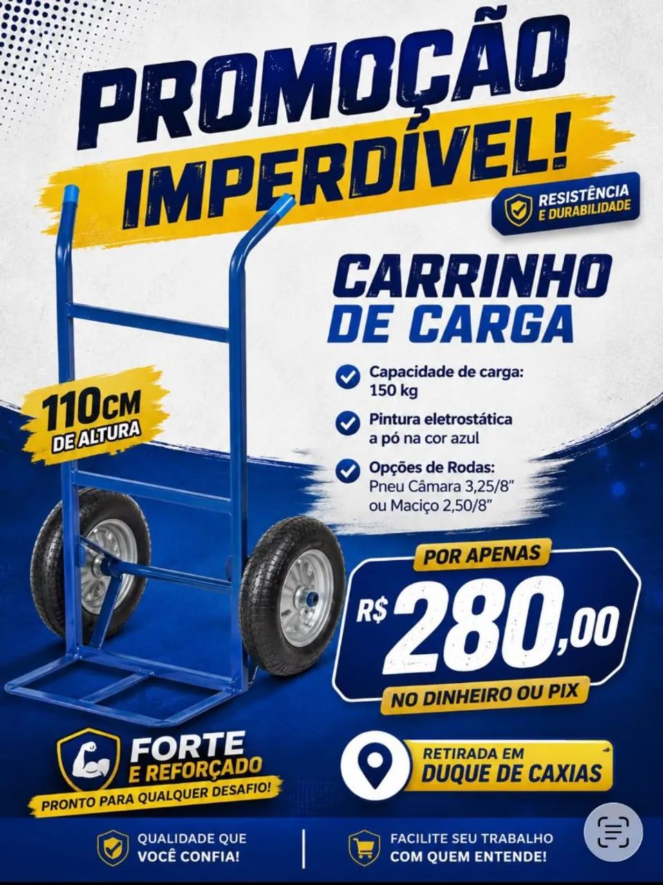 Carrinho reforçado 110 cm rodas pneumática 