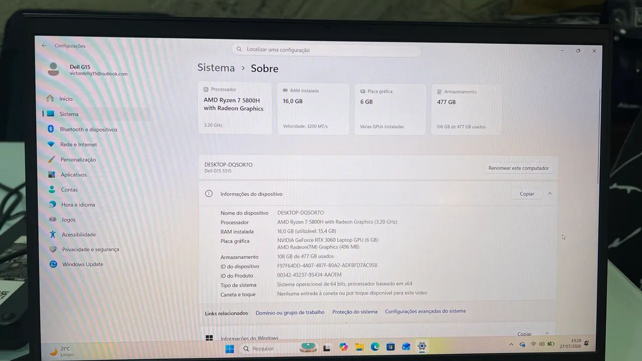 Notebook Gamer Dell G15 Ryzen 7 e RTX 3060