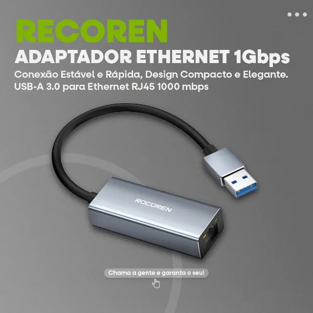 Adaptador de Rede Recoren | USB-A 3.0 RJ45 Ethernet | Alumínio | 1Gbps -Entrega Grátis-