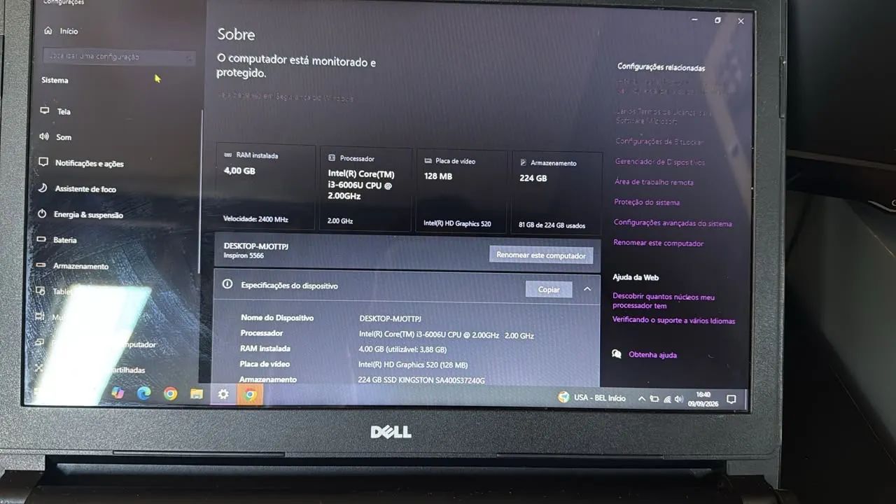      Notebook Dell i3-6006U ? 6ª geração + SSD 240GB