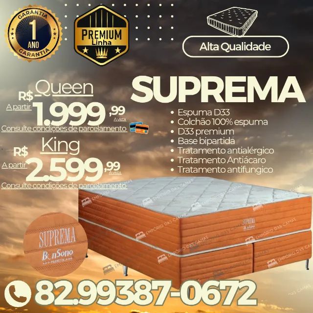 Cama queen ou king espuma D65 ortopédico,  D33 e D33 premium Base bipartida  e colchão 