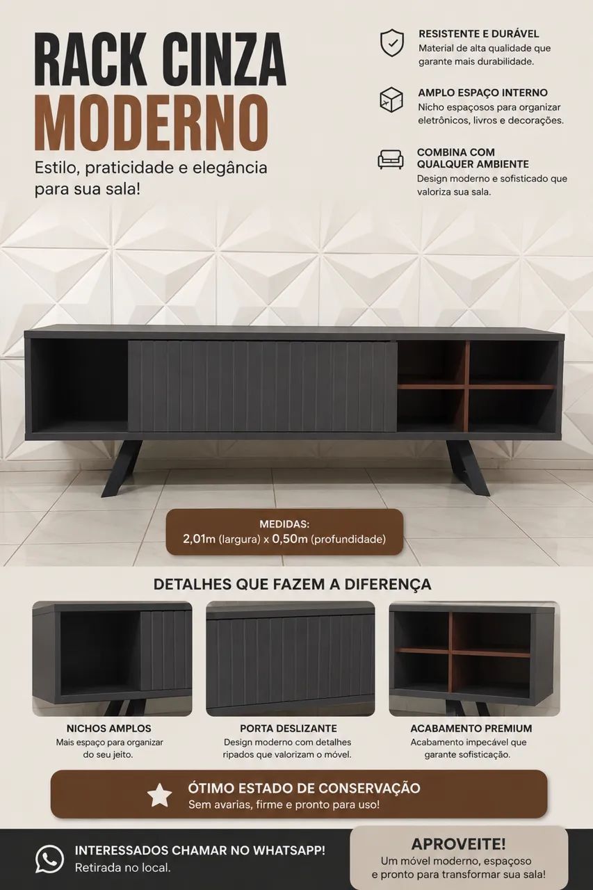 Rack para TV Cinza Moderno 2,01m - Excelente Estado