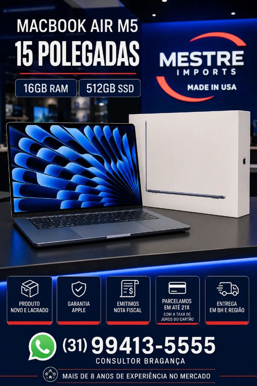 MacBook Air M5 de 15 polegadas, com 16GB de memória RAM e SSD de 512GB\.