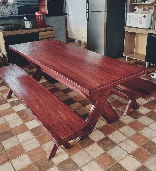 Mesa 2,20M Nova Com 02 Bancos Rústica (Direto da Fábrica) - Foto 2