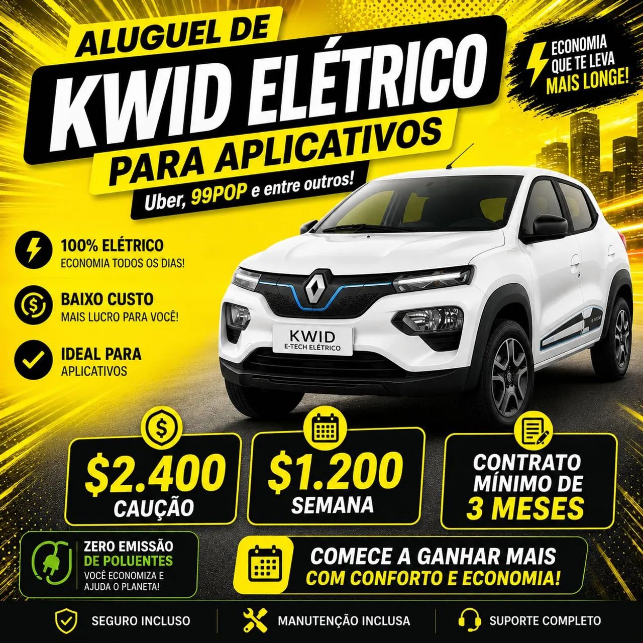 Aluguel Uber / 99 Pop Carro Elétrico Renault Kwid em Fortaleza-CE 