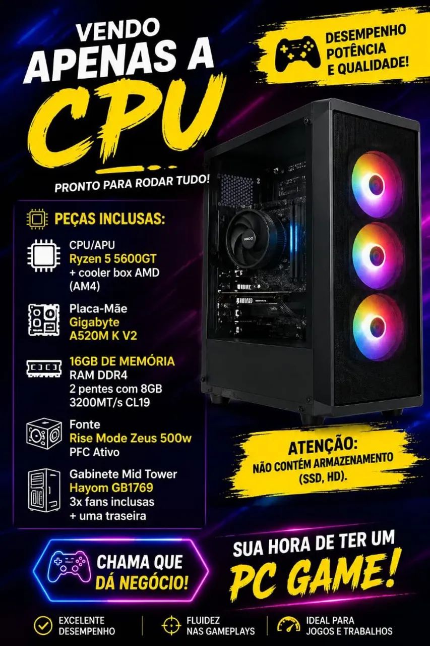 PC GAMER Ryzen 5 5600GT | 16GB RAM 3200Mts | A520M | Sem SSD/HD