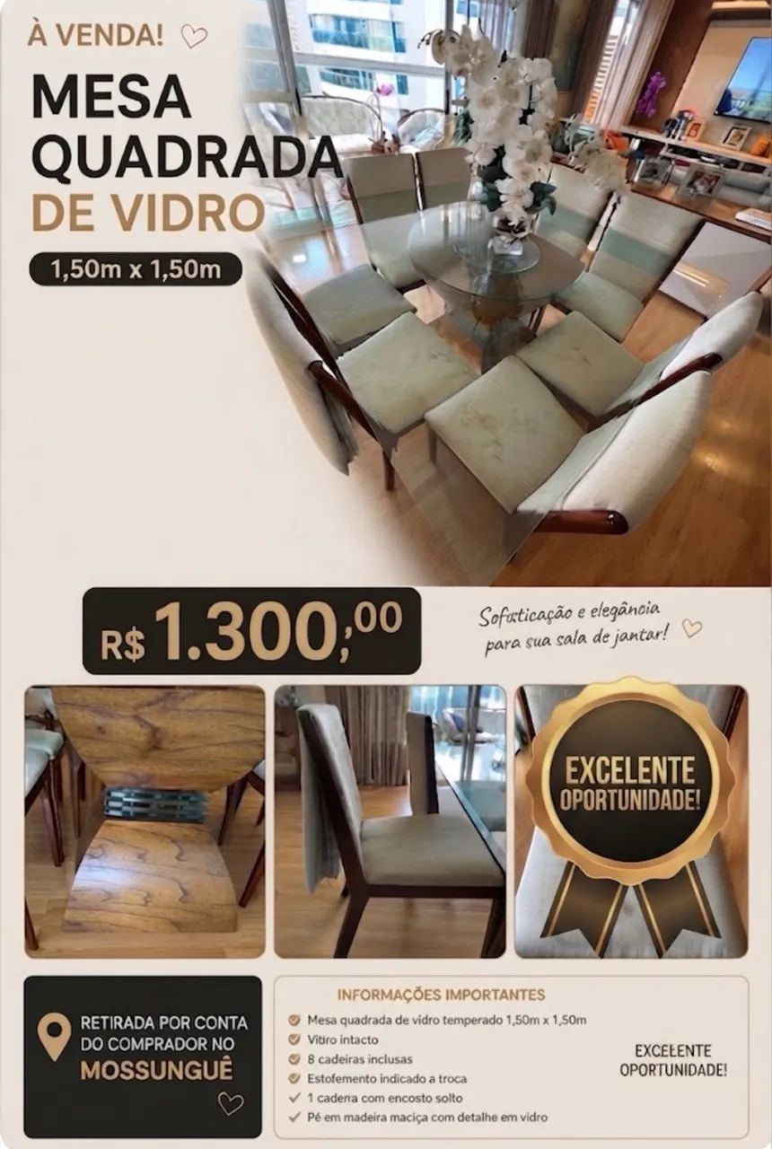 MESA QUADRADA DE VIDRO 8 lugares - Foto 4