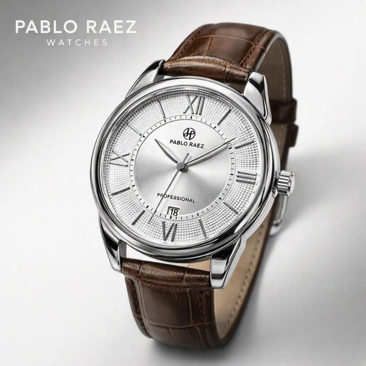 Relógio Deluxe Pablo Raez® Silver White Pulseira Couro Legítimo Marrom com Bisel Prateado - Foto 3
