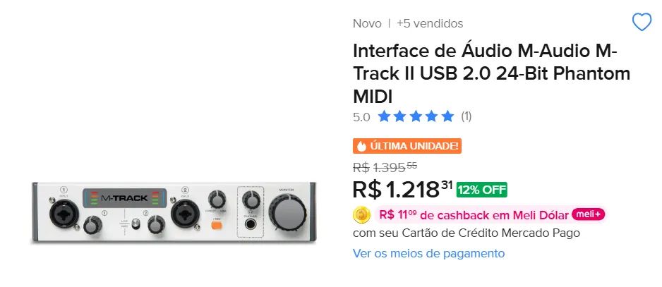 Interface de Áudio M-Audio M-Track II USB 2.0 24-Bit Phantom MIDI - Foto 4