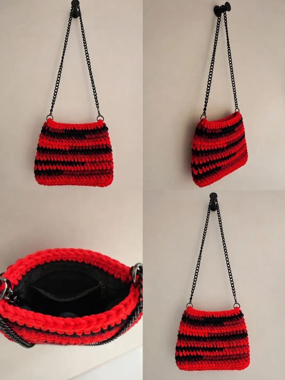 Bolsa artesanal de crochê vermelha, preto e bordo  - Foto 3