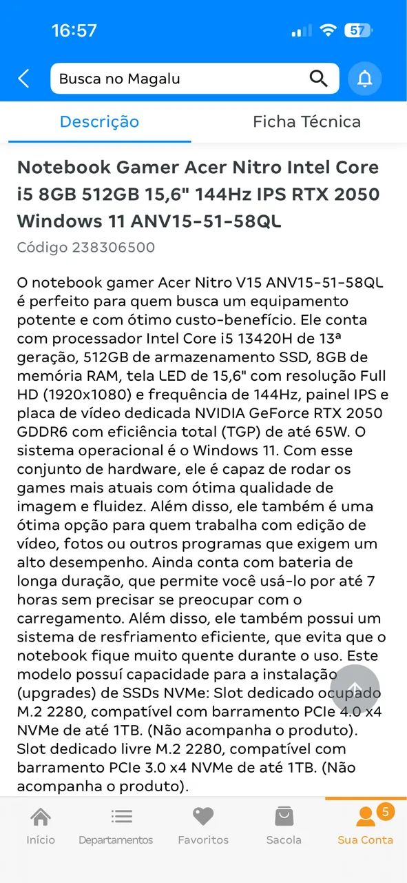 Notebook Gamer Acer Nitro V15 Intel Core i5 8GB 512GB  - Foto 3