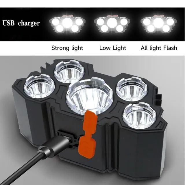 Lanterna Cabeça Tática 5 Leds Recarregável USB Camping Trilha