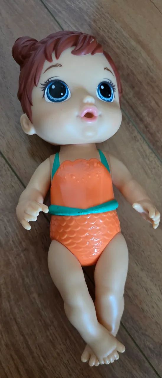 Boneca baby, alive, sereia, pele branca, cabelo castanho original, banho - Foto 4