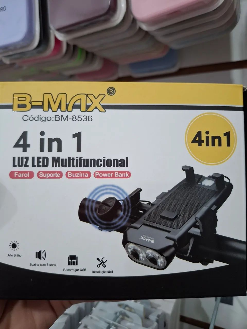 Farol/Suporte/Buzina/Power Bank B-MAX 4 em 1