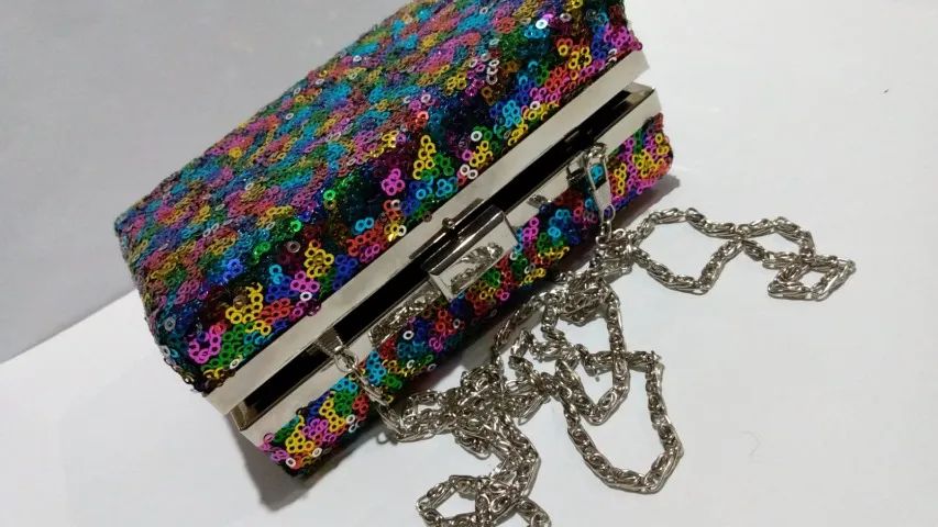 Bolsa de festa balada brilhosa com lantejoulas alça e clutch. - Foto 4