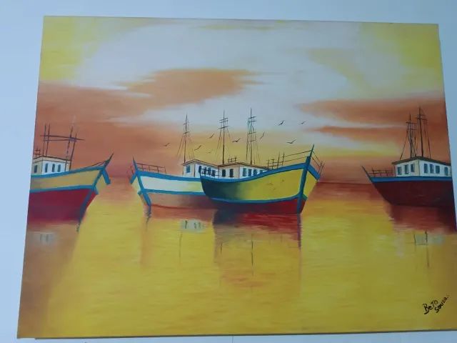Quadro barcos ao Pôr do Sol