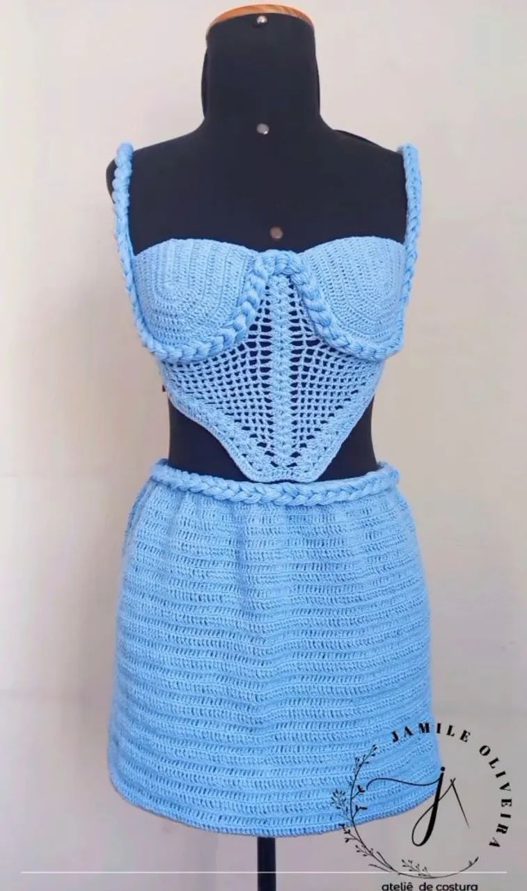 Conjunto Crochê Azul - Top e Saia - Foto 3