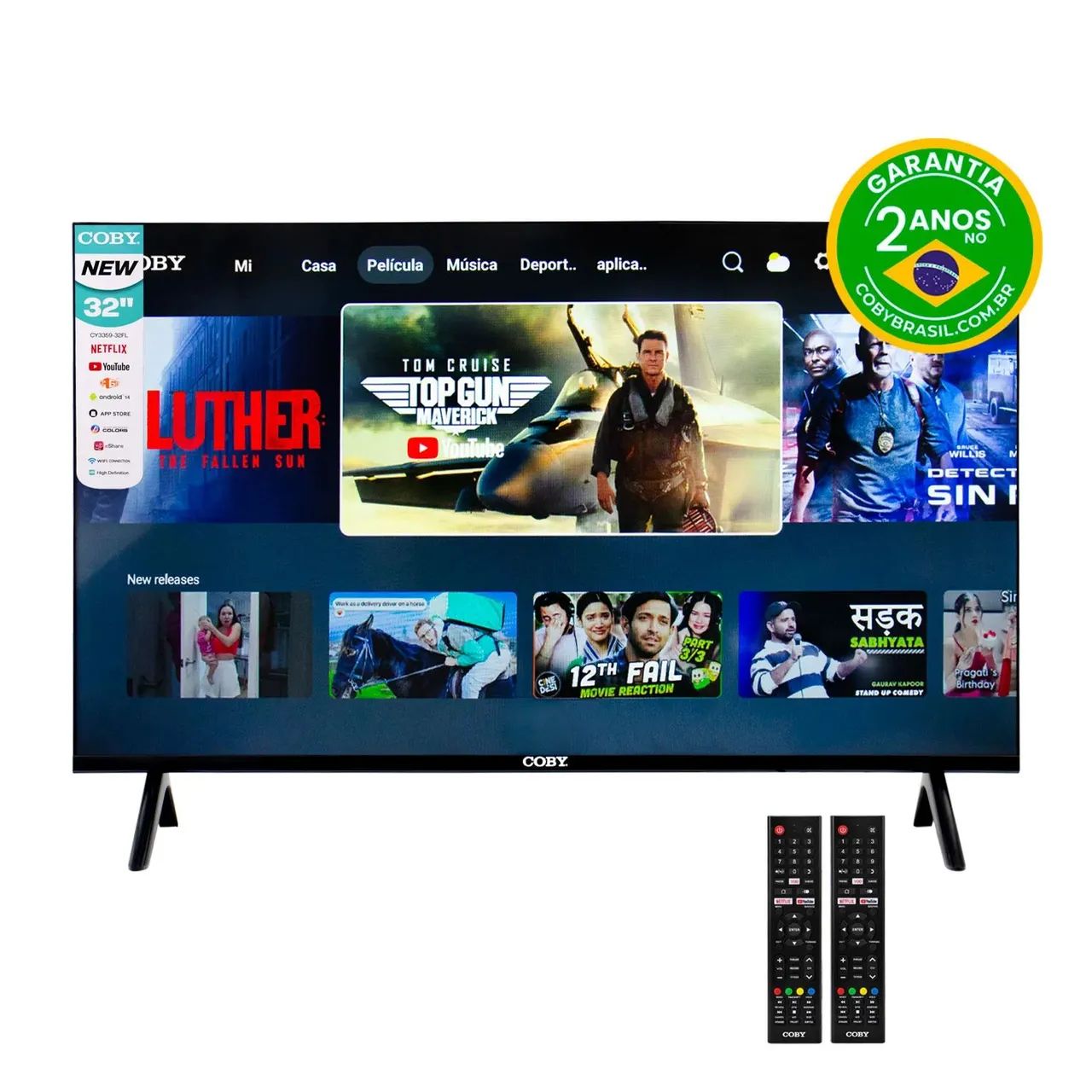 Smart TV Coby 32 Led ANDROID 14 2 controles remoto 