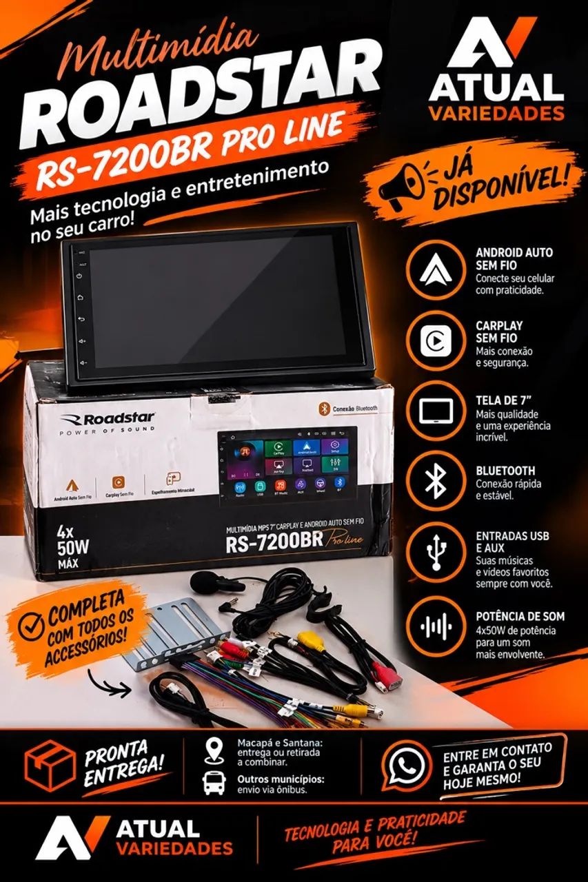 Multimídia 7 pol rodstat com CarPlay sem fio 