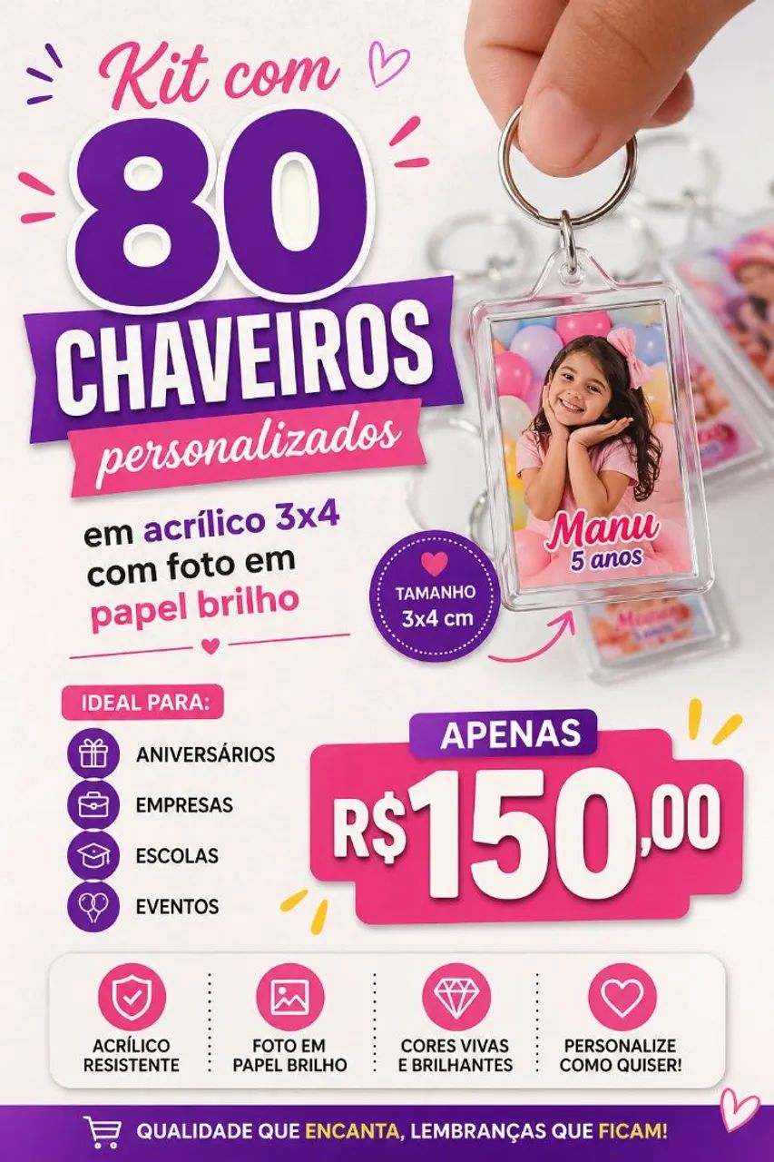 Kit chaveiro acrílico 3x4