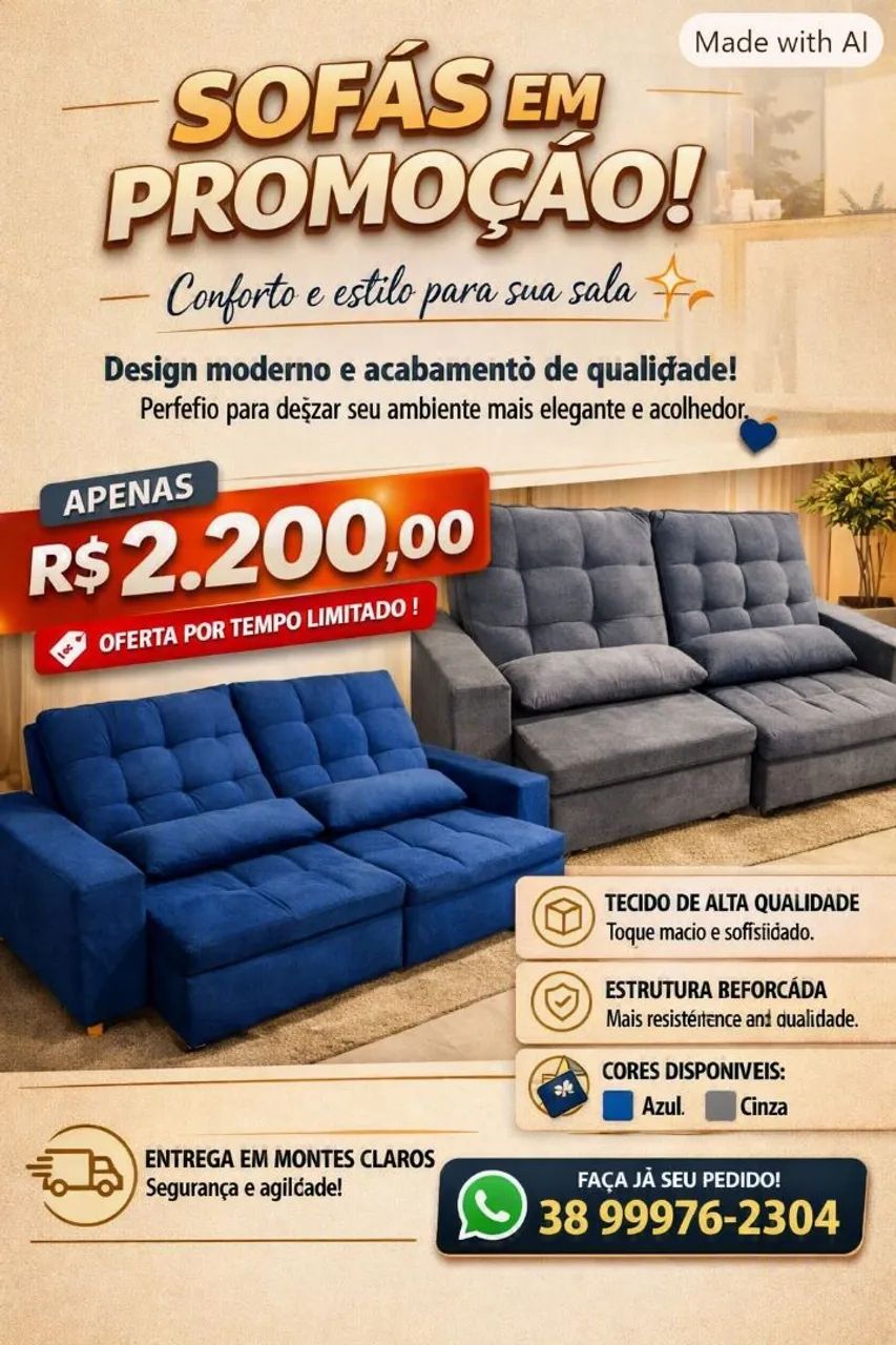 Sofá Retrátil e Reclinável com Pillow Top (Gomos) e Almofadas Rolo.