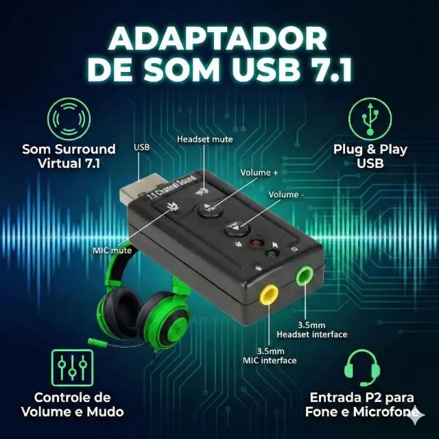 Adaptador Para Placa De Som USB 7.1 Preto - Foto 2