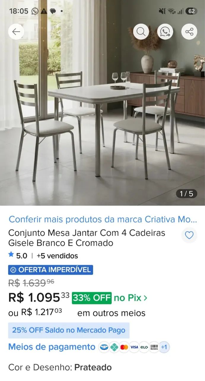 Conjunto mesa jantar 4 cadeiras - Foto 3