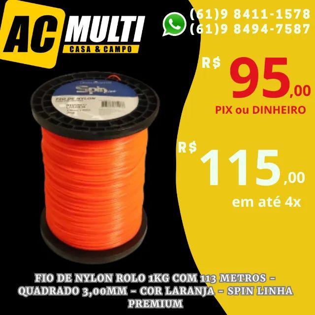 FIO DE NYLON ROLO 1kg COM 113 METROS - QUADRADO 3,00mm - COR LARANJA - SPIN LINHA PREMIUM