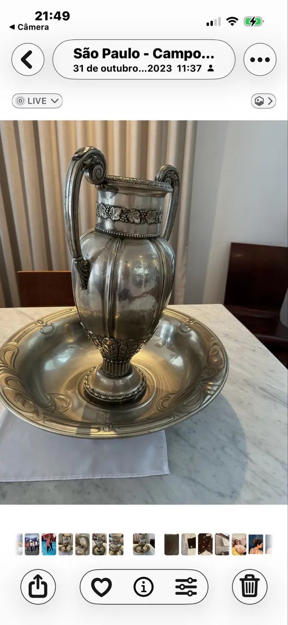 Antigo Conjunto de Ânfora e Bacia Alemã - Banho de Prata - Decoração em Parreiras