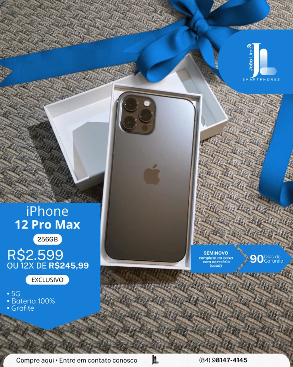 IPHONE 12 PRO MAX, 5G, 256GB, GRAFITE, BAT 100%, SEMINOVO