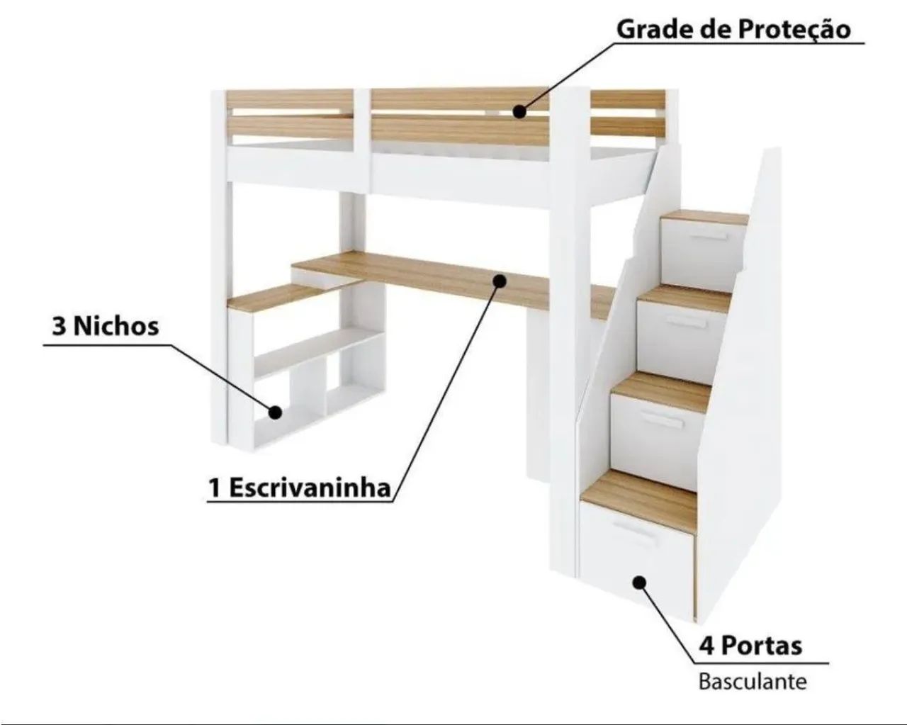 Cama alta infantil com escada 