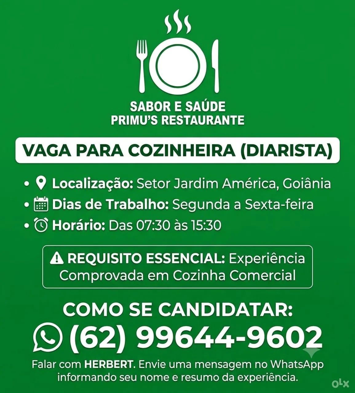 VAGA PARA COZINHEIRA 