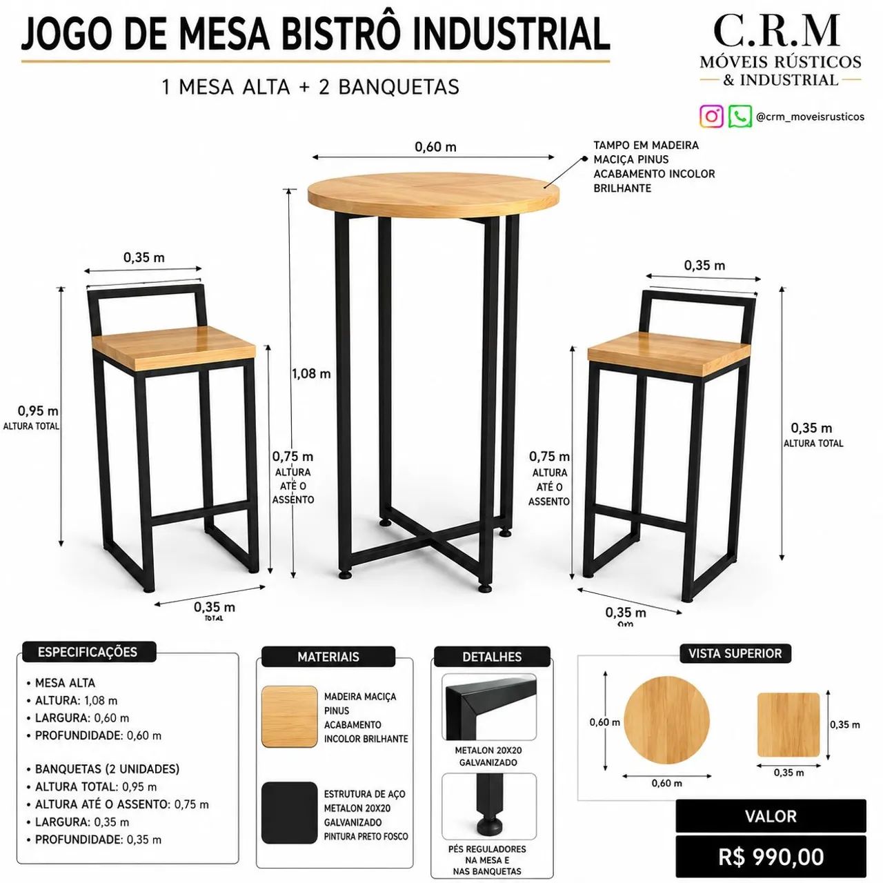 Jogo mesa bistro industrial 